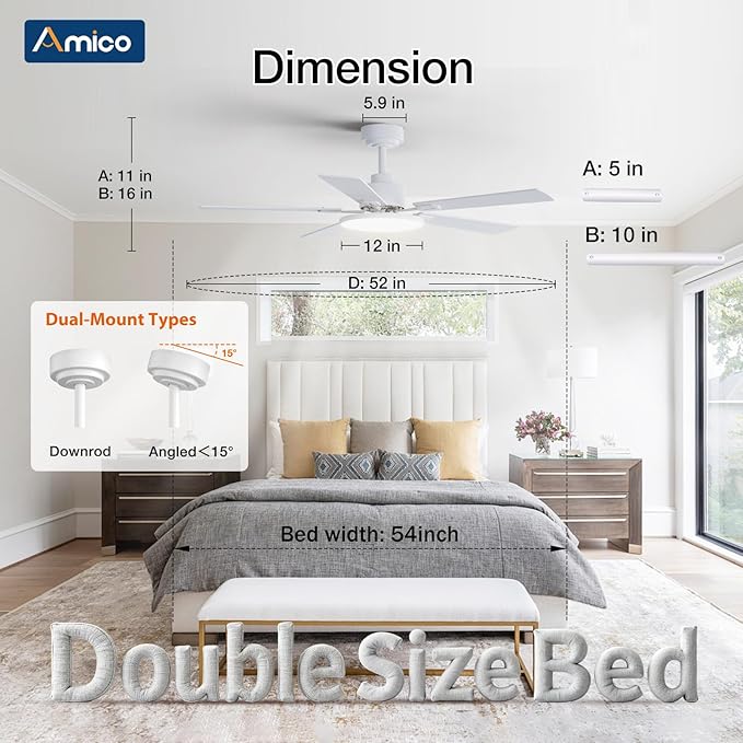 Amico Ceiling Fans with Lights, 52 inch Smart Ceiling Fan with Remote/APP/Alexa Control, Downrod Mount, Reversible DC Motor, 5 Blades, 6 Speeds, 3CCT, Dimmable, Noiseless, Bedroom, Living Room, White