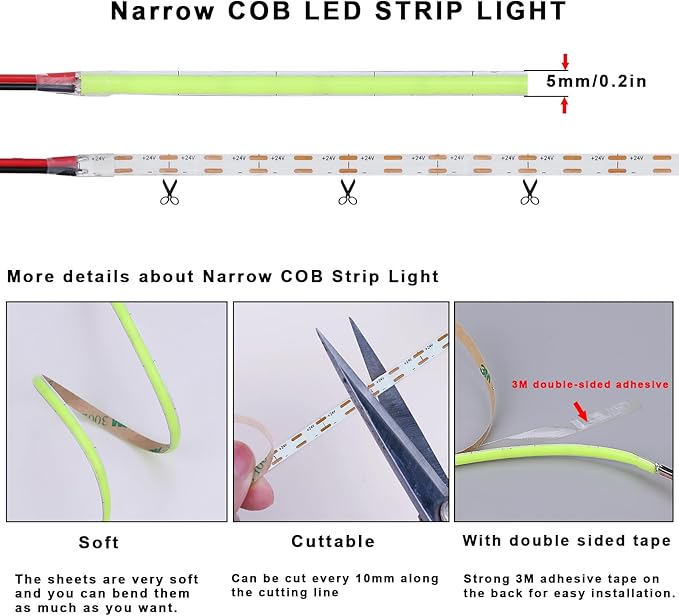 TOPAI 24V Thin 5mm Green COB LED Strip 16.4ft Narrow LED Tape Light Dotless 400LEDs/M High Density Cuttable Flexible for Cabinet Home DIY Lighting Projects