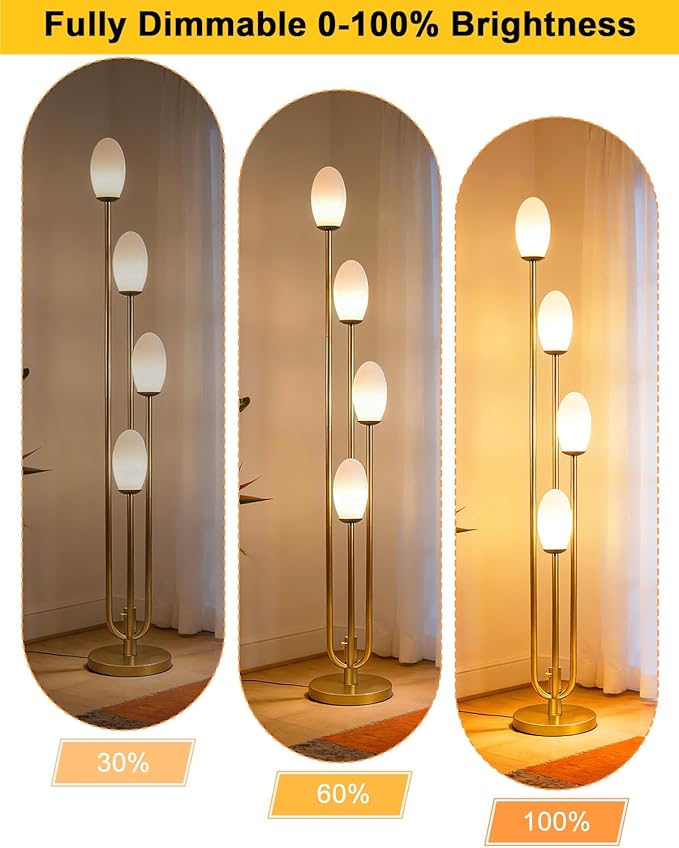 Lightdot Gold Floor Lamp 4-Lights Dimmable Floor Lamps with Oval Lampshade 3000K Bulbs Included Unique Modern Standing Tall Lamp for Living Room/Bedroom/Sofa Beside/Corner Decor