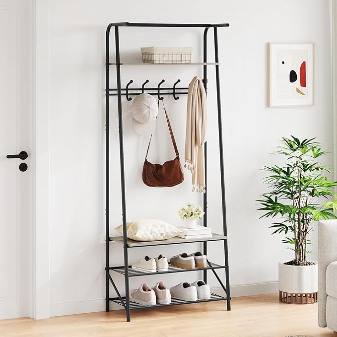 OUTLANE Entryway Hall Tree with 5 Hooks, Shoe Bench & Storage Shelf, Coat Rack Organizer with Wood Accents and Metal Frame for Entryway, Living Room, Bedroom, Gray-Single row
