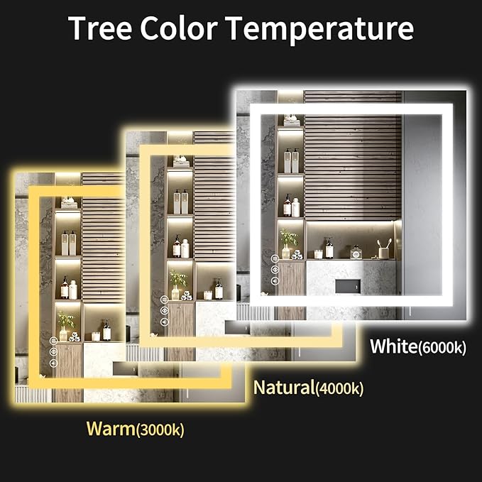 30"x30" LED Bathroom Mirror with Lights, Dimmable，Anti-Fog，Bathroom Vanity Mirror for Wall, Backlit + Front Lit, Memory Function, Shatter-Proof，Tempered Glass