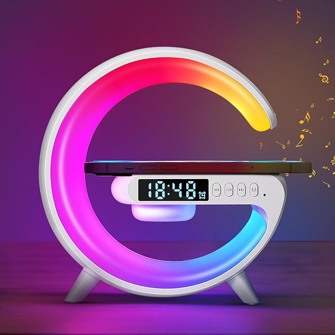 Blingbin Wireless Charger Atmosphere Lamp, 2025 New Mini LED Table Lamp, Bluetooth Speaker, Dimmable Night Light Bedside Lamp Alarm Clock with Music for Christmas Birthday New Year Gifts