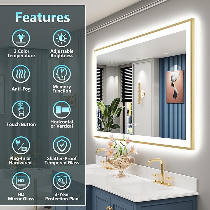 60x38 Gold LED Bathroom Mirror with Lights, Brushed Gold Framed Backlit and Front Lit Anti-Fog Lighted Vanity Mirrors for Bathroom Wall, Dimmable, 3 Colors, Memory, HD Tempered Glass, CRI＞90