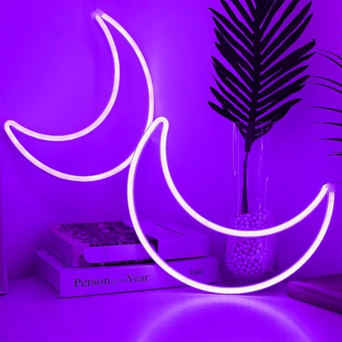 LED Purple Moon Neon Light, Cute Neon Moon Sign, Halloween Room Decor - Battery or USB Powered 5V Art LED Decorative Night Lights for Home, Bedroom, Office, Dorm, Party