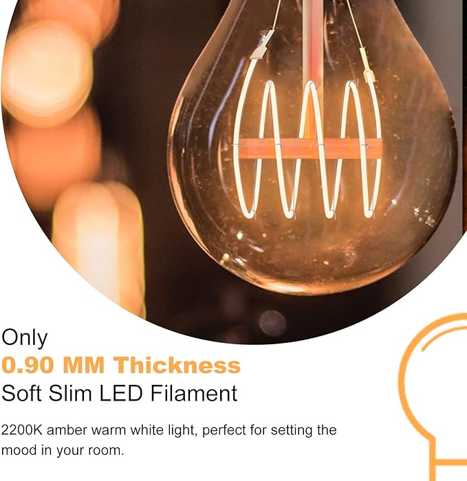 A19 Vintage LED Edison Light Bulbs 40 Watt, 4-Pack Dimmable A19 4W 2200K Amber Warm Light Bulbs, E26 Base, 4W Equal 40 Watt Incandescent Bulbs, Decorative Antique Spiral LED Bulb, 300LM