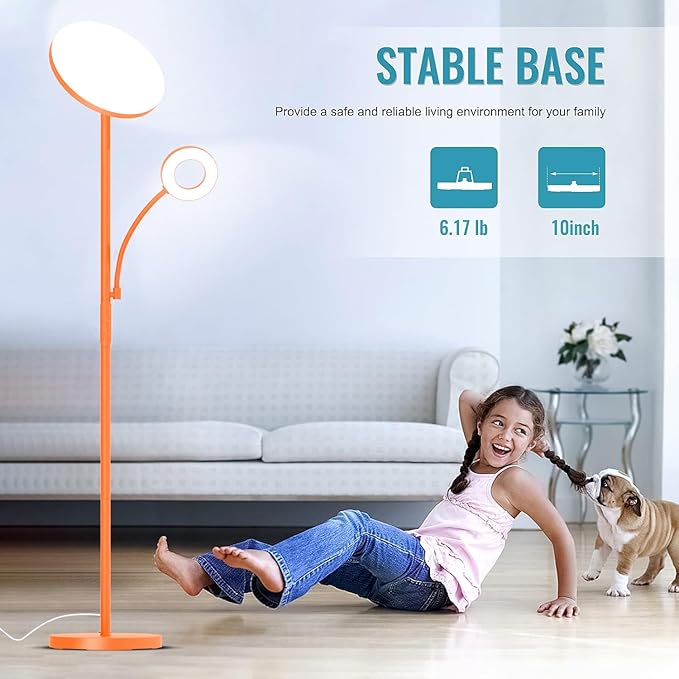 Orange Floor Lamp, 42W 4000LM Super Bright LED Lamp with Reading Light for Living Room Bedroom Office, Touch Control, Dimmable Standing Lamp with Remote