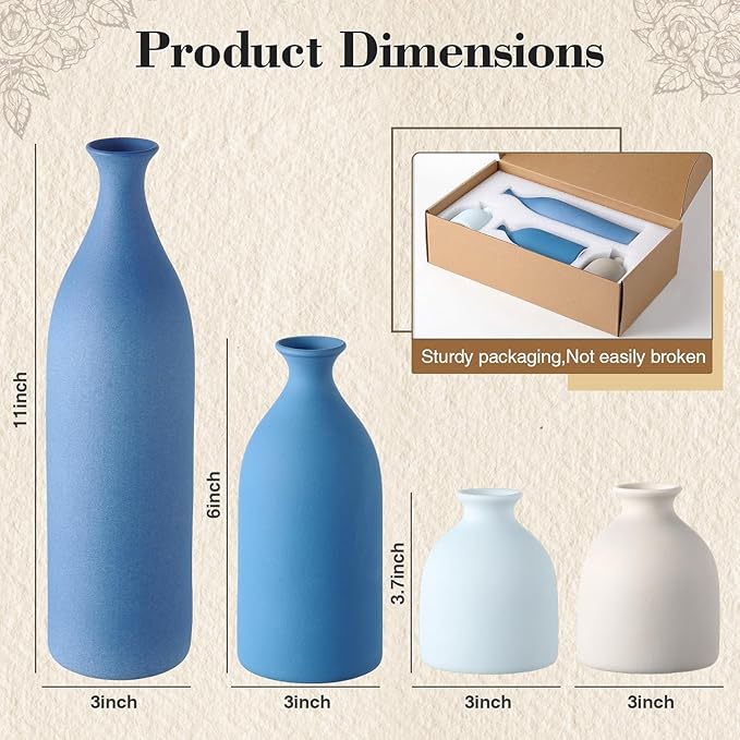 Dandat Blue Ceramic Vase Set of 4, Modern Decorative Ceramic Vases Rustic Pottery Centerpiece Table Decor for Farmhouse Bouquet Pampas Grass Dried Fresh Flowers, Living Room, Kitchen, Bedroom