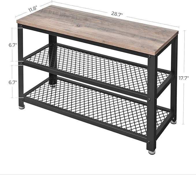 VASAGLE 3-Tier Shoe Rack, Shelf Storage Bench with Metal Mesh Shelves and Seat, Free Standing Shoe Organizer for Entryway, 11.8 x 28.7 x 17.7 Inches, Greige and Black ULBS73MB