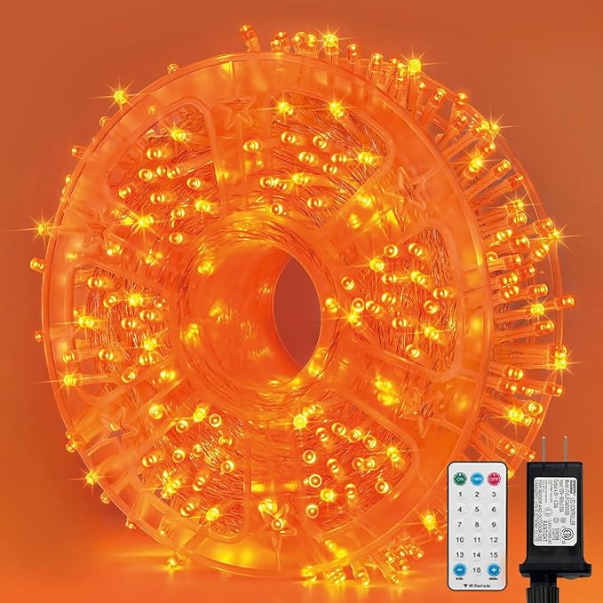 LAMPHOME 165ft Halloween Lights, 500 LED Transparent Wire Fairy Starry String Light Plug in, 16Lighting Modes for Indoor Outdoor Xmas Tree Wedding Party Decoration (Orange)