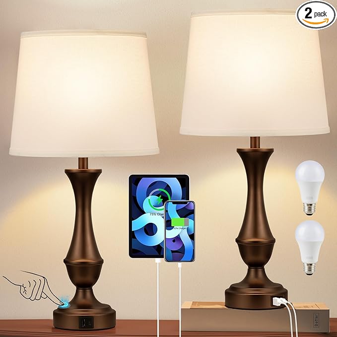 Seealle Upgraded Touch Lamps for Night Stands Set of 2 - Bedside Lamps with USB C+A, 3 Way Dimmable for Bedroom Living Room End Tables Office (White&Brown)