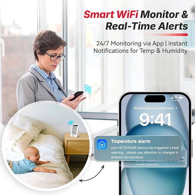 WiFi Thermometer Hygrometer with Freezing Alert, Solar Boost Wireless Indoor Outdoor Temperature Humidity Monitor, 3.9" Large Screen, App Alerts for Greenhouse, Pipe Protection, Cellar & Baby Room