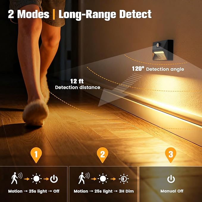 VOLISUN Motion Sensor Stair Light Rechargeable 2 Pack, Night Lights 3 Modes & 3 Color Temperatures, Magnetic Rechargeable Stick-On Lights for Stairs, Hallway, Cabinet(Black)