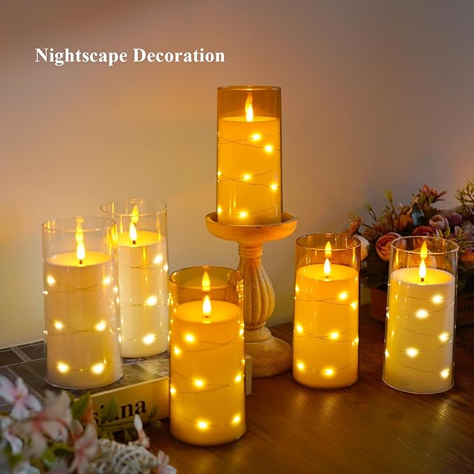 Flickering Flameless Candles with Remote Timer, 6pcs LED Battery Operated Candles with Embedded String Lights White, D3 H6