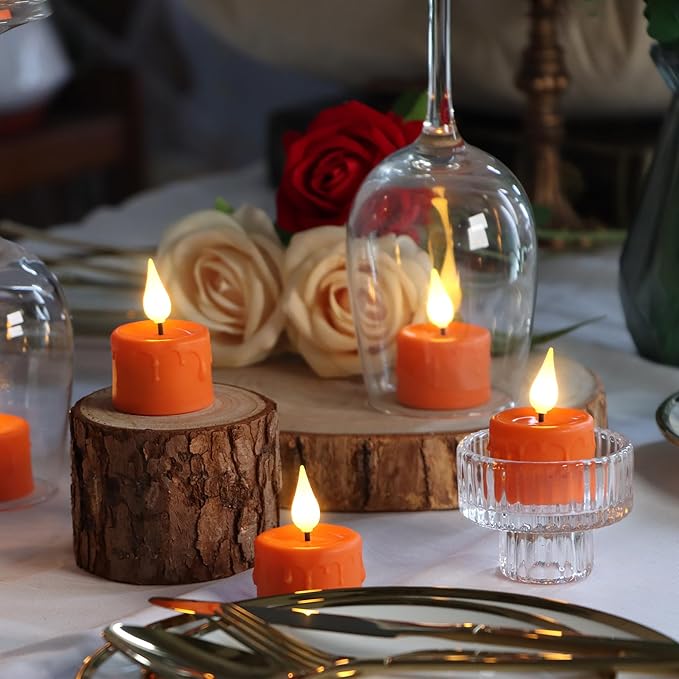 FREEPOWER Orange Halloween Candles,Rechargeable Flameless Candles with Remote Timer, Soft 3D Wick LED Tealights Candle, Rechargeable Candles Flickering Realistic for Halloween Decorations,Set of 6