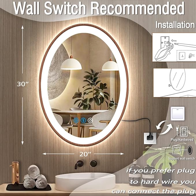 20 x 30 Inch Bathroom LED Oval Wood Mirror with Light Wood Frame Oval Lighted Vanity Mirror with Lights for Bathroom Wall Mounted Smart Memory 3 Color Dimmable AntiFog Wooden Grain