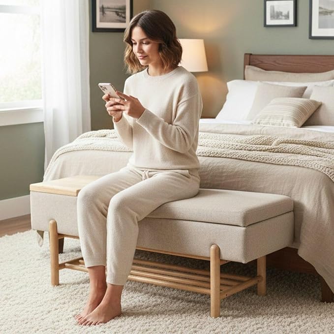 Modern Entryway Storage Bench, Upholstered Shoe Ottoman Bench, Flip-Top End of Bed Bench with Wood Shelf/Coffee Table for Living Room/Bedroom/Hallway/Under Window,46.5 Inches,Beige Linen