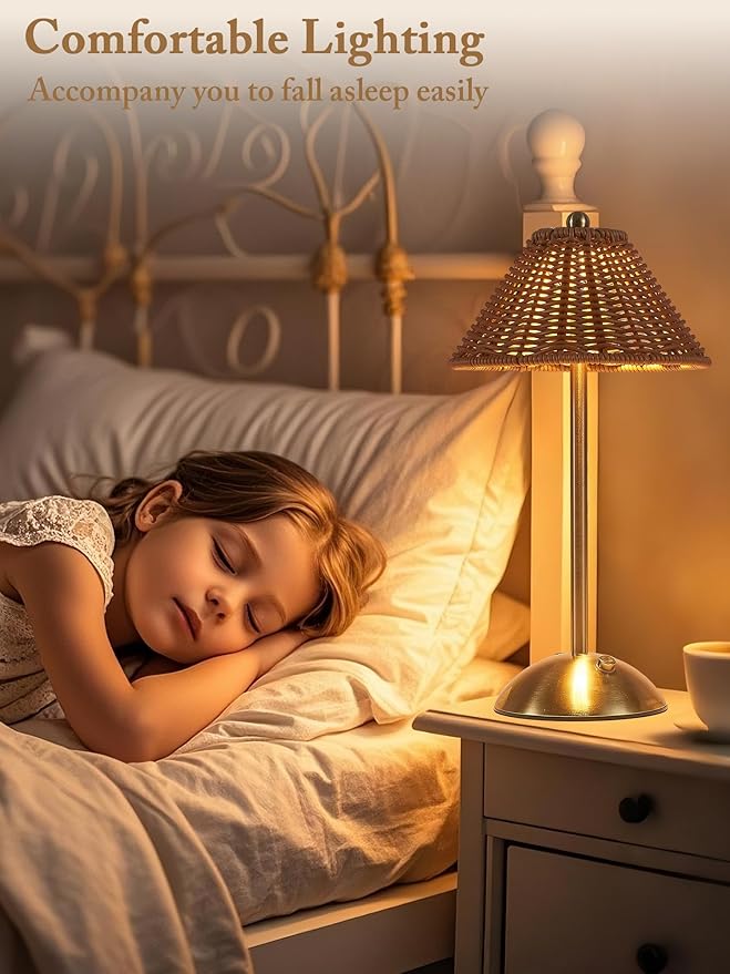 Boho Rattan Table Lamp,Wicker Night Light,LED Rechargeable Reading Lights,3 Color Touch Control Dimmable Bedside Lamps Living Room Bedroom Office Lighting Home Outdoor Decoration