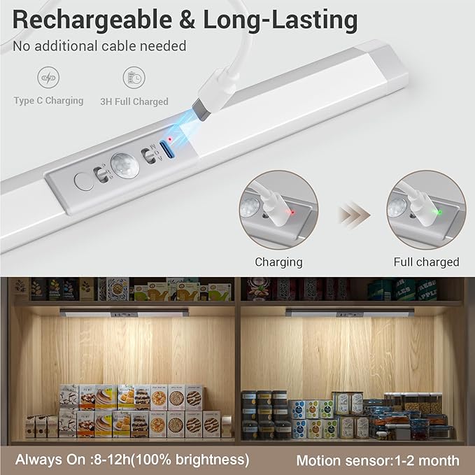 WOBANE Rechargeable Motion Sensor Closet Light，3 Color Dimmable LED Bar with Eye Comfort Design，Magnetic Mount Wireless Battery Operated LED Lighting for Wardrobe，Stairs，Pantry，Hallway, 12inch, 2PCS