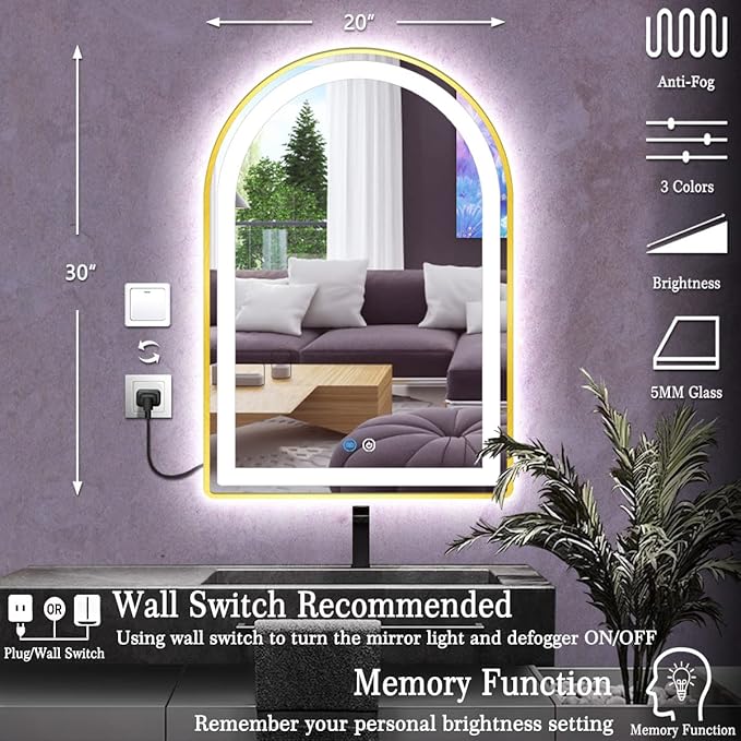 20 x 30 Inch Gold Framed Arch LED Mirror for Bathroom Salon Wall Table Arch Makeup Vanity Mirror with Lights Gold Frame Smart Memory 3 Color Dimmable AntiFog 30 Golden Arched Lighted Mirror