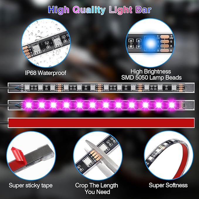 12Pcs RGB Motorcycle LED Lights Kit, Waterproof Multicolor Motorcycle Underglow Kit with APP/RF, Music Sync, Brake Signal for Harley Davidson Kawasaki Suzuki Yamaha Golf Cart 12V Underbody Strip Light