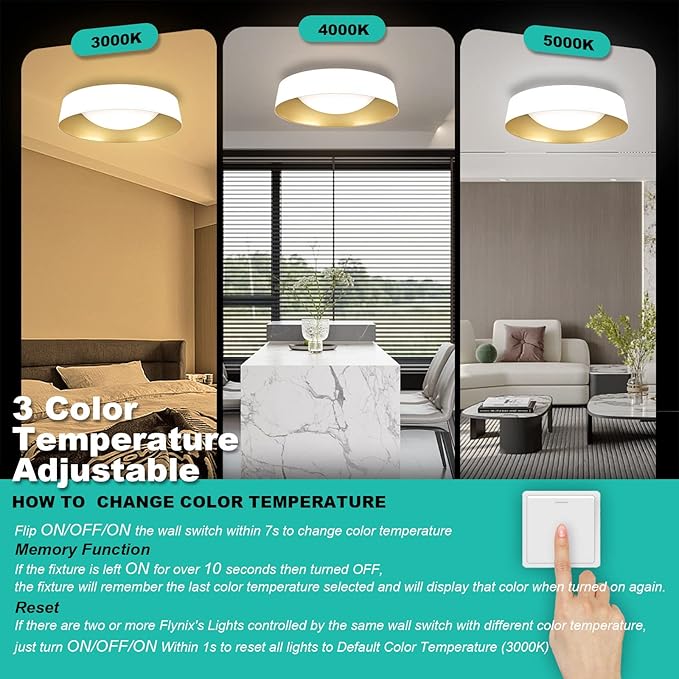 15.5 Inch LED Flush Mount Ceiling Light Fixture, 26W, Super Bright 1800 Lumen, 3 Color 3000K/4000K/5000K, Matt White with Gold Inside, Dimmable Ceiling Lamp for Bedroom Hallway Bathroom Outdoor