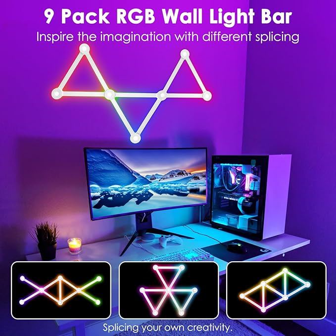 RGB Wall Light lines, Smart Gaming LED Lights DIY Geometry Splicing Gaming Wall Light Bar, Backlit Modular APP Control Colour Changing for Game Room,Bedroom,Home Decor Lights (9 Lines, White)