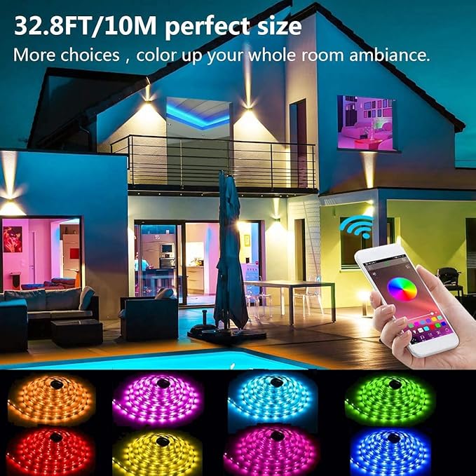 Smart Wi-Fi RGB LED Strip Lights, Music Synced, Color Changing with Remote, App Control for Bedroom Home TV Bar (32.8 FT)