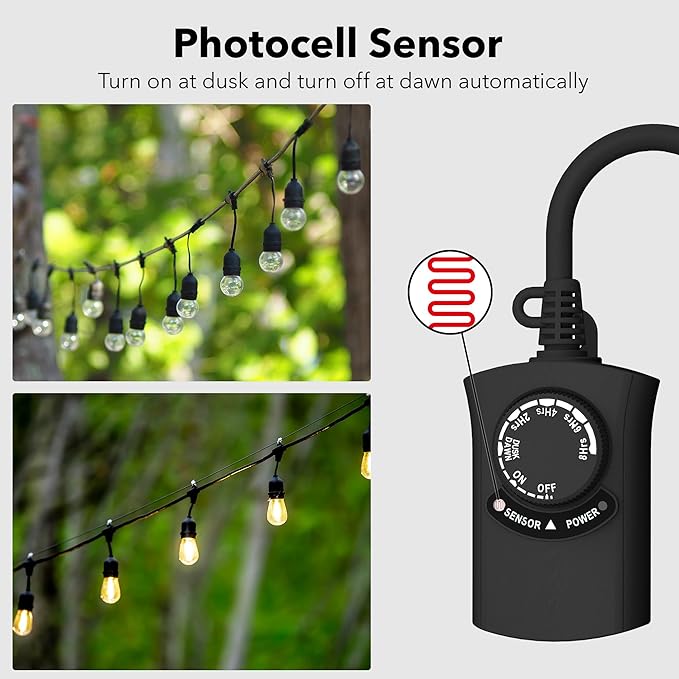 HBN Outdoor Light Timer Waterproof, Weatherproof Photocell Dusk to Dawn Light Sensor, 2/4/6/8 Countdown Timer, 1 Grounded Outlet for Christmas Lights，Hallowen Deceration，1875W 15A 1/2HP（2 Pack）