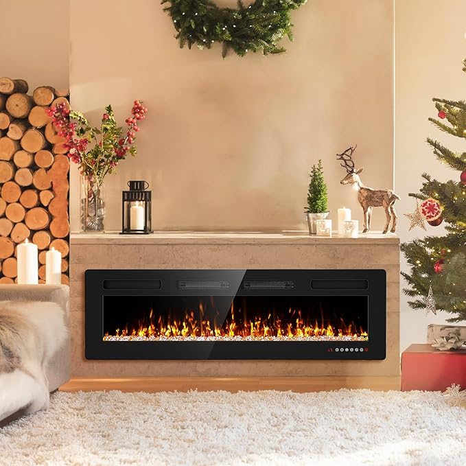 60” Electric Fireplace Recessed and Wall Mounted Fire Places with Remote Control, Touch Screen