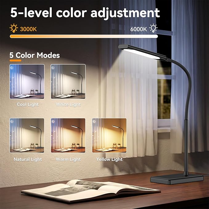 LED Desk Lamp Touch Control Desk Lamp with USB Charging Port 5 Color Modes 6 Brightness Levels Dimmable Eye-Caring Office Lamp with Memory Function 1h Timer Adjustable Neck Table Lamp