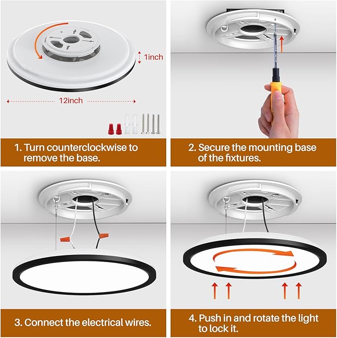 AmazeFan 12Inch LED Flush Mount Ceiling Light with Remote Control, Dimmable Night Light 1800K 3000K/4000K/6500K 24W 2400lm Low Profile Wired Ceiling Lamp for Bedroom LivingRoom Kitchen Hallway-Black