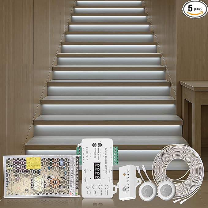 Intelligent Motion Triggered LED Stair Lighting Kit, 60 Inches Long Cuttable LED Strip Light for Indoor Stair Lights (Cool White 6000K, 10-15 Stairs)