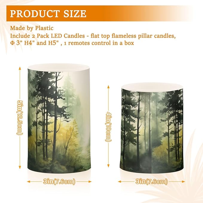 Watercolor Forest Pattern Flameless Candles Color Changing LED Candles with Remote Control Battery Candles for Outdoor and Indoor Home and Room Decoration, 3'' x 4''/5'' Set of 2 Pieces