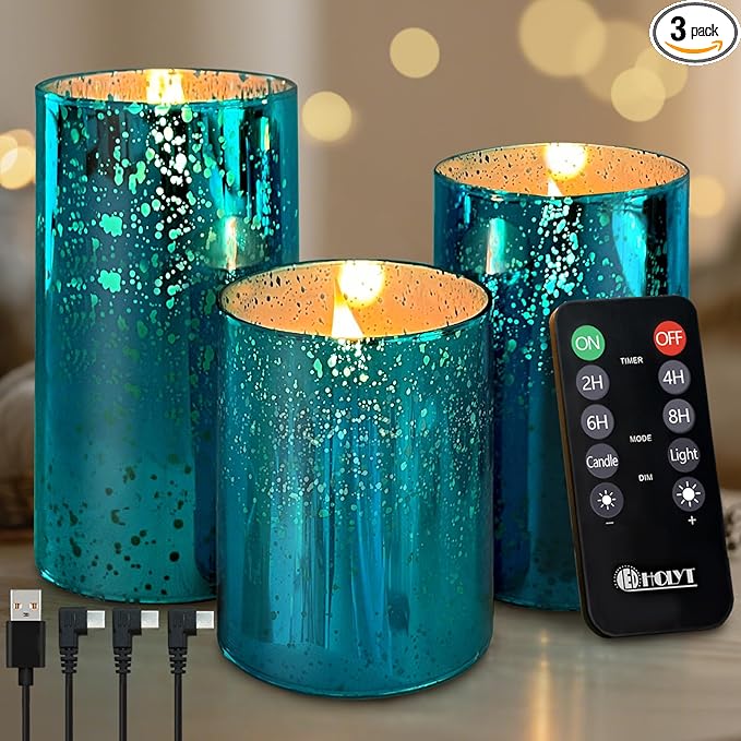 Rechargeable Flameless Candle, Flickering LED Pillar Glass Fake Candle with Remote and Timer, Built-in Battery Real Wax Electronic Candle for Room Decoration, Set of 3