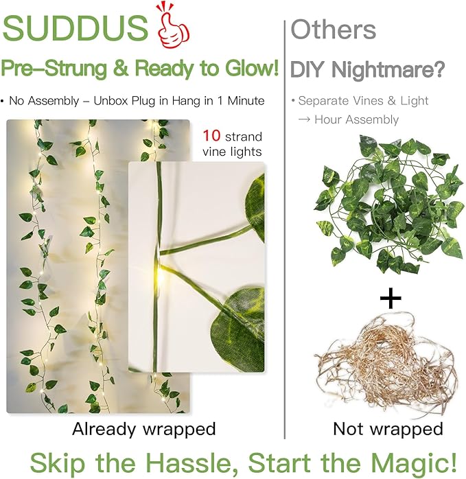 suddus 300 LED Vines with Lights Plug in, 9.8ft x 9.8ft Fairy Lights with Vines, Pothos Curtain Lights for Wall, Bedroom, Dorm, Wedding, Party, Indoor, Outdoor Decor(Warm White)