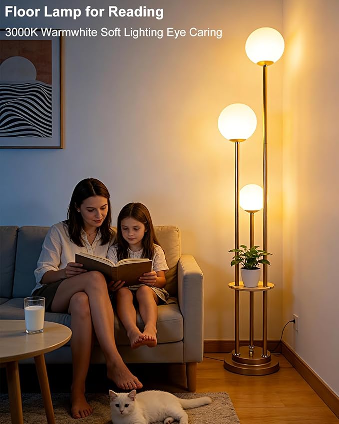 Lightdot Gold Floor Lamp 3-Lights Dimmable Floor Lamps with Tray 3000K Bulbs Included Unique Modern Tall Standing Lamp for Living Room/Bedroom/Sofa Beside/Corner Decor