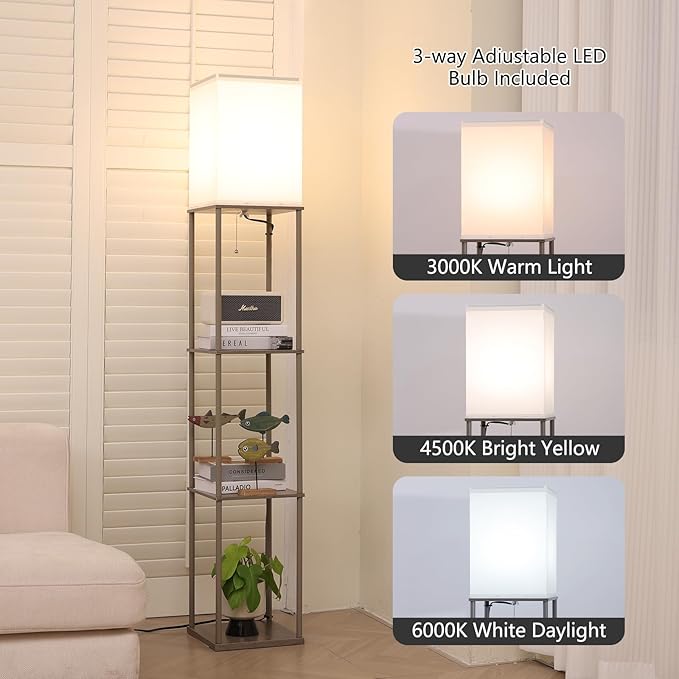 Floor Lamp with Shelves, Modern Square Standing Lamp with 3 Color Temperature Bulb, Corner Display Bookshelf Lamp for Living Room, Bedroom and Office （Grey）