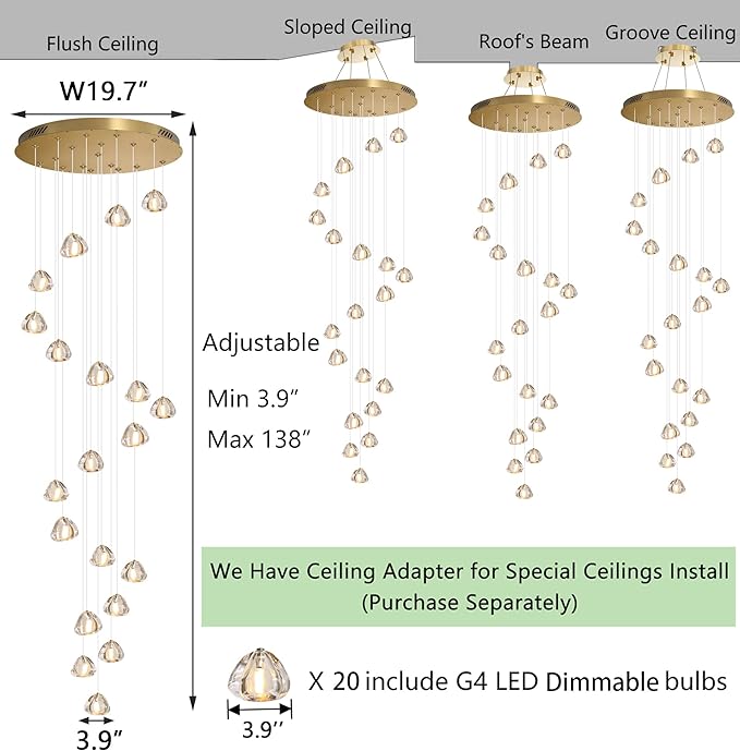LED Glam Chandelier 138 inches Long Light Luxury Crystal Ceiling Chandeliers Remote Dimmable High Ceiling Pendants Lighting Fixtures Gold 20 Lights