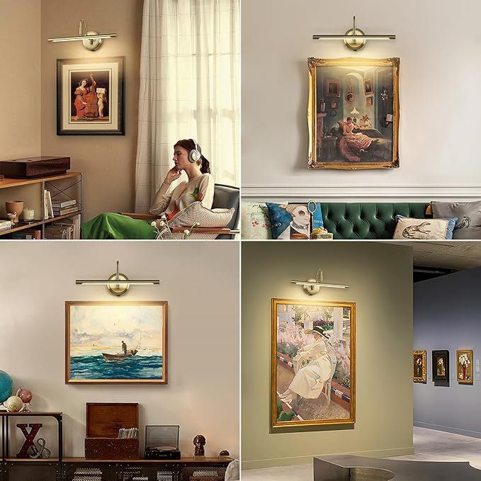 JOOSENLUX Battery Operated Picture Light Gold - Modern Wireless Picture Lights for Wall Dimmable 16.5inch Under Cabinet and Swing Arm for Canvas Sconce 3000K CRI95