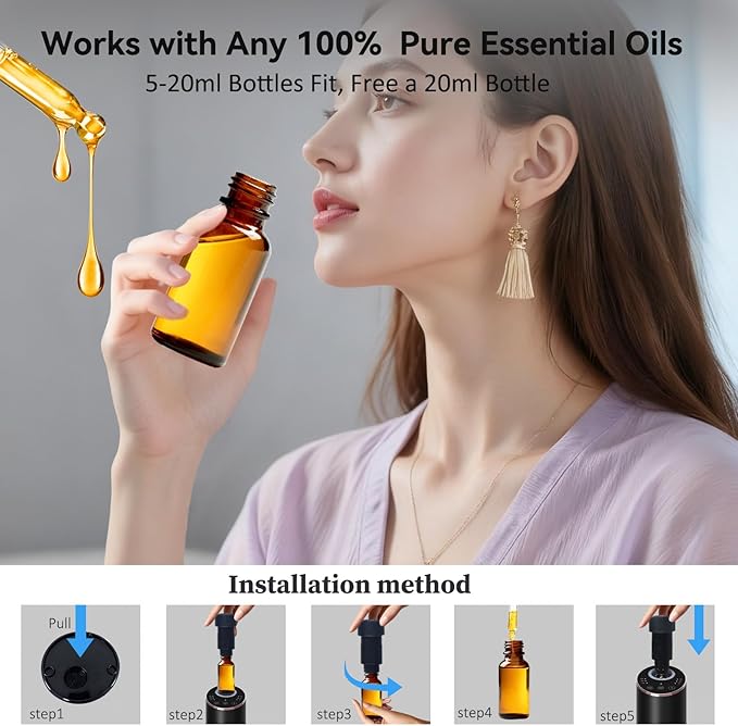 Waterless Essential Oil Diffuser Aromatherapy Scent Diffusers for Home Large Room, Bedroom, Car, Office, Desk, Battery Operated Mini Portable Air Freshener, 3 Countdown Timers & 3 Mist Levels