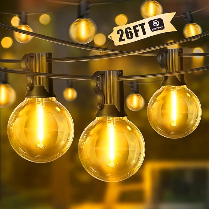 LAMPHOME LED Outdoor String Light, 26Feet Patio Lights with12+1Edison Shatterproof Bulbs(1Spare), UL Waterproof Outside Lights connectable Dimmable for Backyard Porch Decor,Yellow