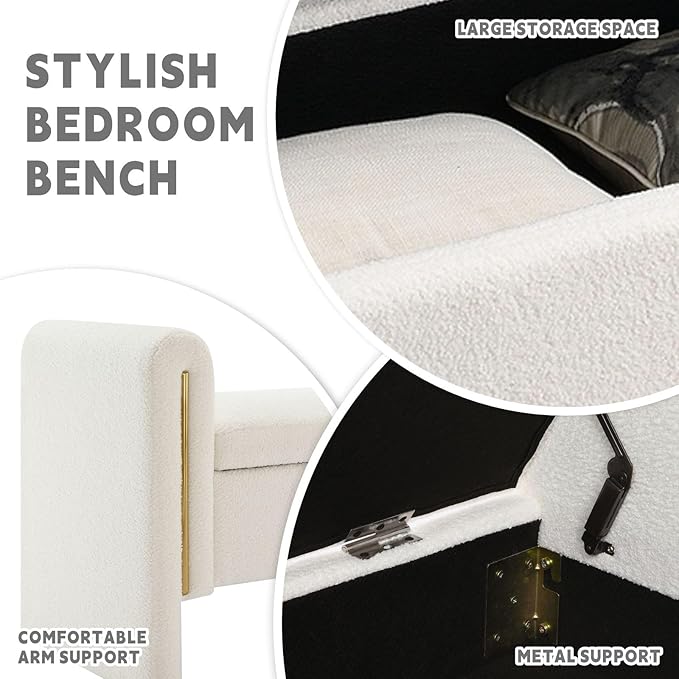 Modern 52" Storage Ottoman Bench, Upholstered End of Bed Storage Bench with Armrests, Entryway Bench, Teddy Foot Rest Stool for Living Room Hallway Bedroom (White)