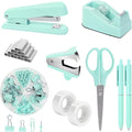 SKYDUE Teal Office Supplies Set - Desk Accessories, Stapler, Tape Dispenser, Scissors, Clips and 1000pcs Staples for Teachers
