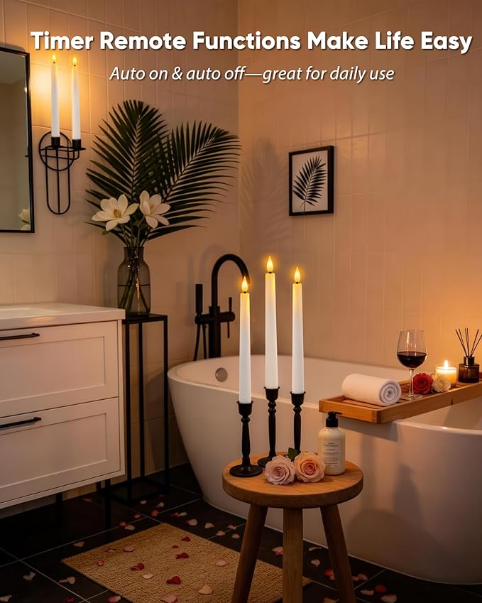 Homemory 24 Pcs Waxy Flameless Taper Candles with Remote, Led Flameless Candlesticks Classic Tall Candle, Flickering Battery Operated Taper Candles for Bedroom, Dining Room, White, 9.6 inches