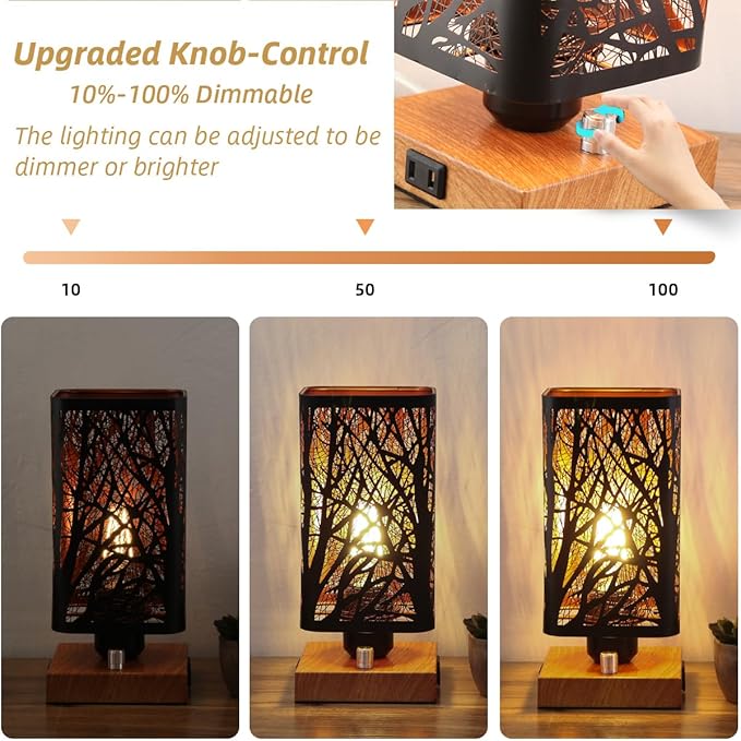 Industrial Table Lamp with USB Ports and Outlet, Rustic Dimmable Bedside lamp with Charging Station, Metal Square Shadow Nightstand Lamp, Night Light for Kids Bedroom Living Room End Tables