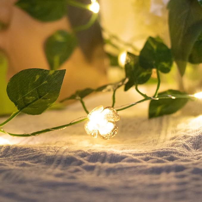 Vigdur 2 Packs Vine String Lights - Tiny Leaf Ivy String Lights with 48 Flower Lights Battery Powered Waterproof Fairy Light Indoor Outdoor for Bedroom Party Garden Wall Décor St. Patrick's Day