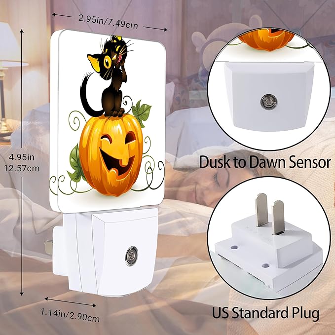 Halloween Night Light, Cute Black Cat and Pumpkin Night Lights Plug into Wall Decorations for Bedroom, Bathroom, Dusk to Dawn Sensor Nightlights for Girls Women Room Gifts