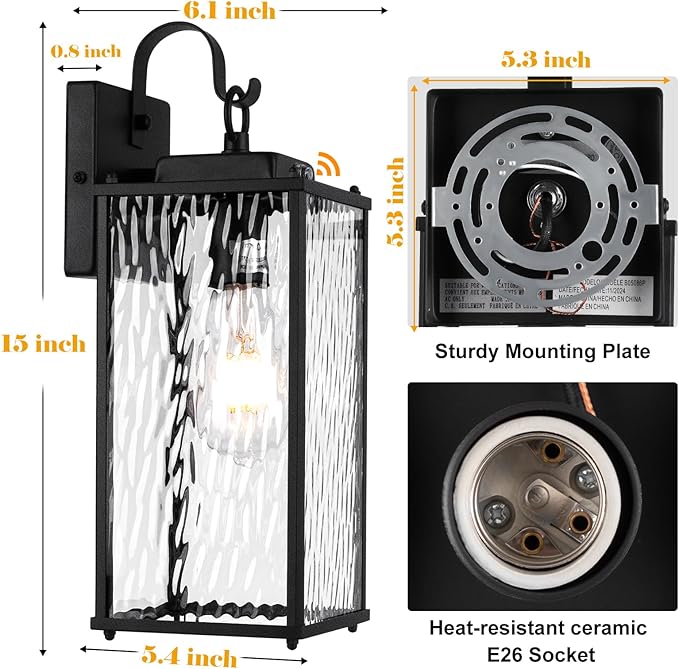 2-Pack Dusk to Dawn Outdoor Lighting with Water Ripple Glass, IP65 Waterproof Matte Black Front Porch Lights Photocell Sensor Exterior Light Fixtures Outdoor Wall Sconces Coach Lights