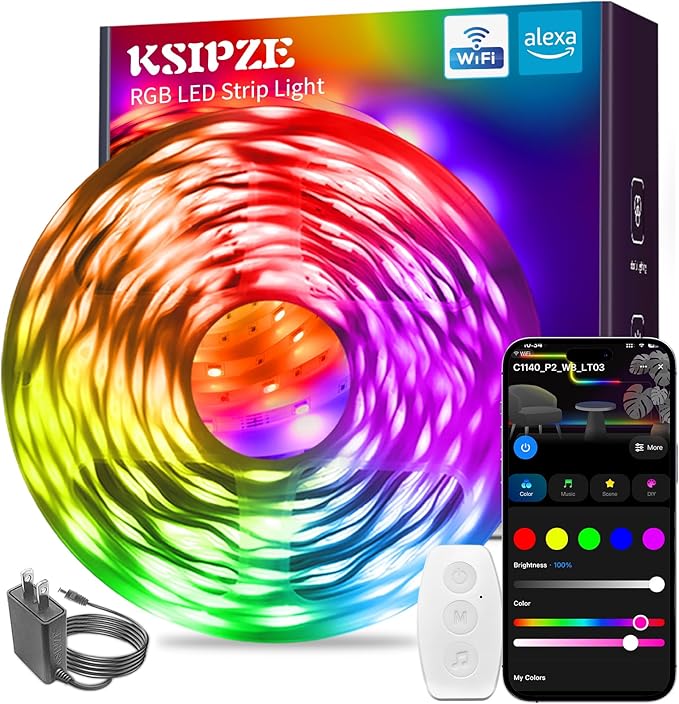 KSIPZE Smart WiFi LED Strip Lights, RGB LED Lights for Bedroom Work with Alexa,APP Control, Music Sync, DIY Multiple Colors, Flexible Color Changing LED Strip Lighting for Home Room Decor, 16.4ft