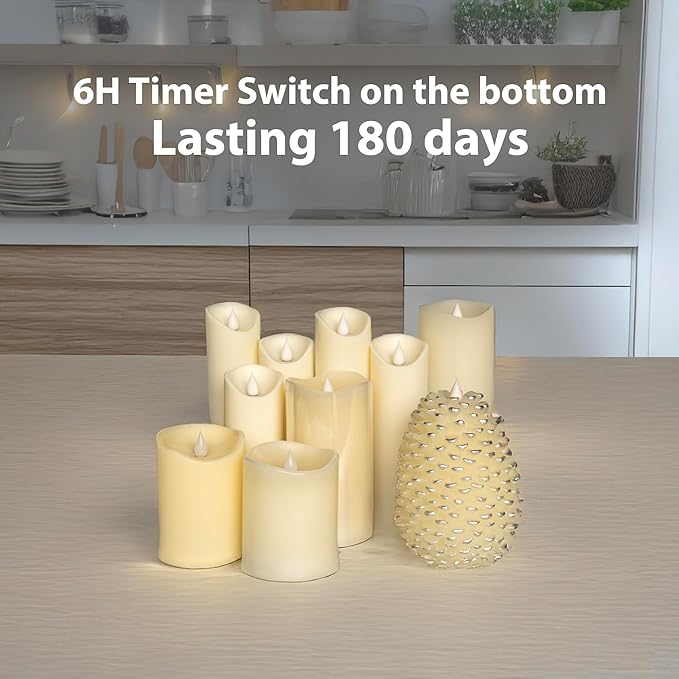 Flameless Candles Last 1300+ Hours Real Wax Flame Effect Auto-Moving 3D Wick, LED Pillar Candles with Timers Battery Operated - Ivory 4" 4”
